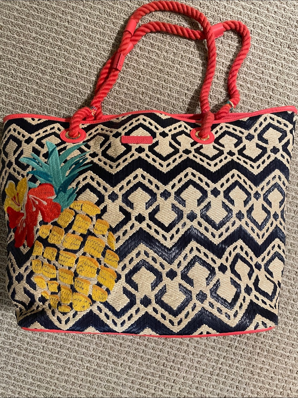 Vera Bradley Navy & Cream Pineapple Embroidered Beach Tote with Coral Handles